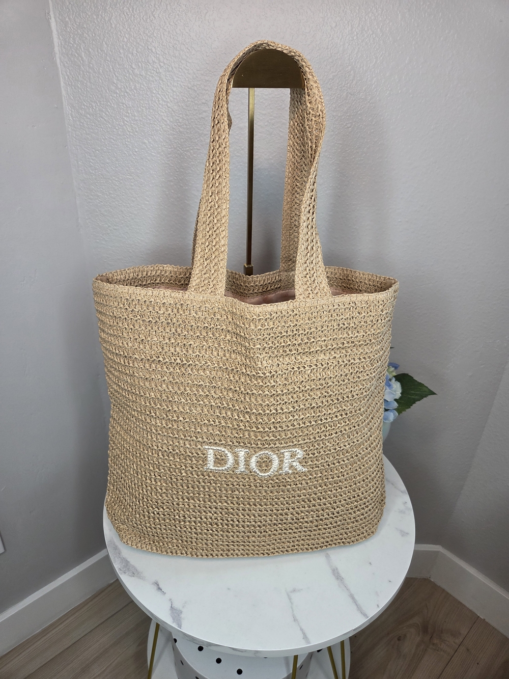 Dior VIP Beauty Gift Woven Straw Raffia Tote Bag Beige Gold